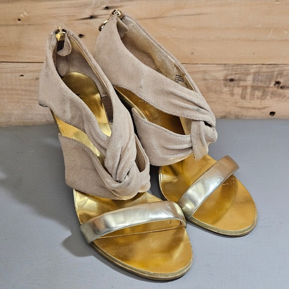 MICHAEL Michael Kors Shoes - Michael Michael Kors Tan Suede Metallic Gold Cone Heel Sandals 6.5M